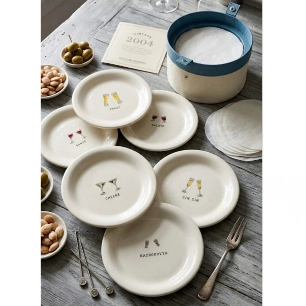 Williams Sonoma Cheers Cocktail Plates Set of 6 International Toast Vintage